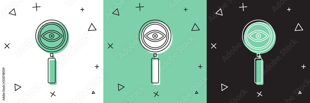 Set Magnifying glass icon isolated on white and green, black background. Search, focus, zoom, busine