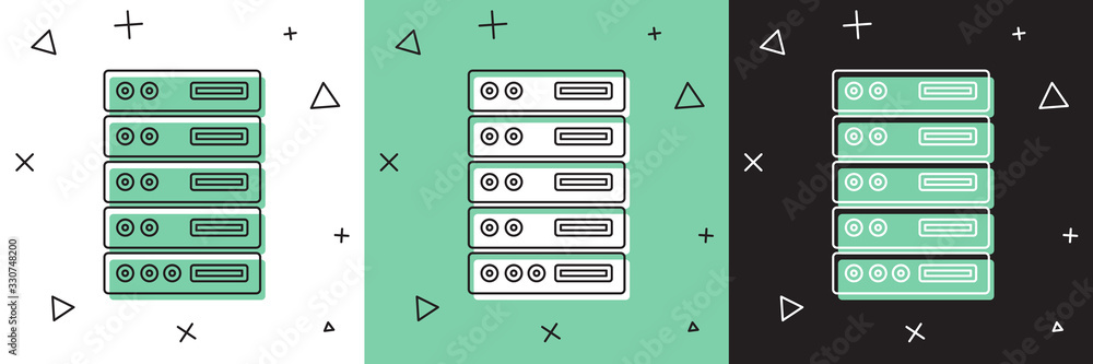 设置服务器、数据、Web主机图标，隔离在白色和绿色、黑色背景上。矢量插图