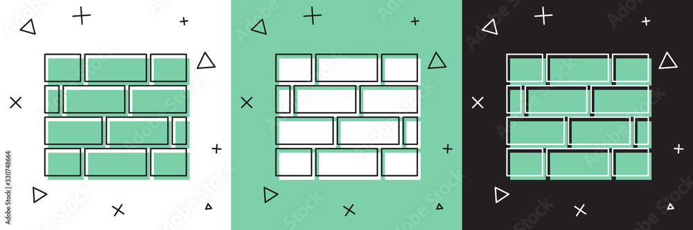 设置砖块图标，隔离在白色和绿色，黑色背景上。矢量插图