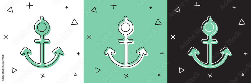 Set Anchor icon isolated on white and green, black background. Vector Illustration