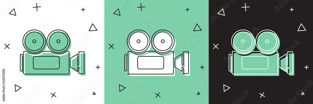 Set Cinema camera icon isolated on white and green, black background. Video camera. Movie sign. Film