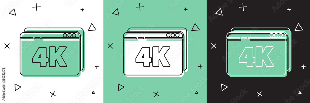 Set Online play video with 4k Ultra HD video technology icon isolated on white and green, black back