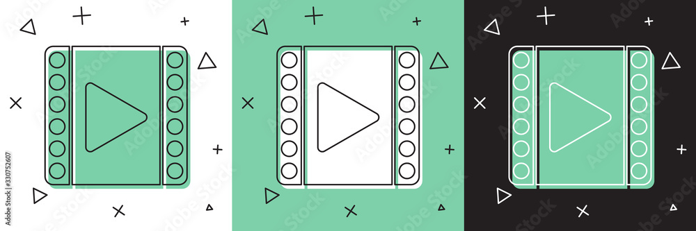 Set Play Video icon isolated on white and green, black background. Film strip sign. Vector Illustrat