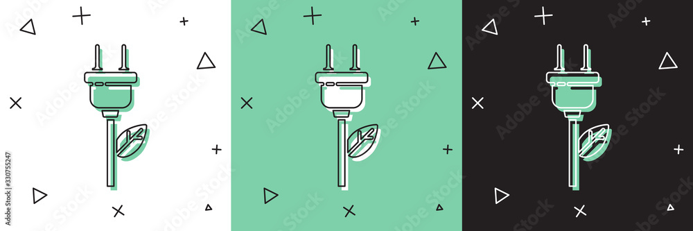 在白色和绿色、黑色背景上隔离的叶子图标中设置节电插头。节约能源。