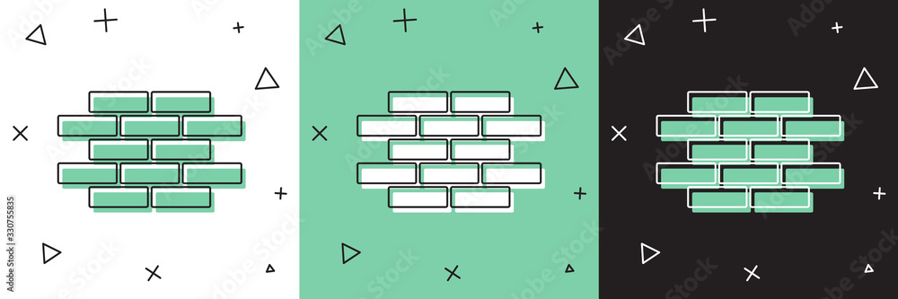 设置砖块图标，隔离在白色和绿色，黑色背景上。矢量插图