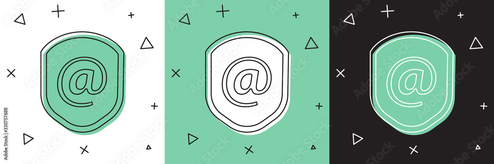 Set Shield with mail and e-mail icon isolated on white and green, black background. Guard sign. Secu