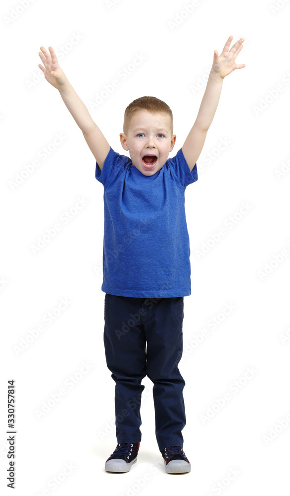 Young boy kid in blue t-shirt happy