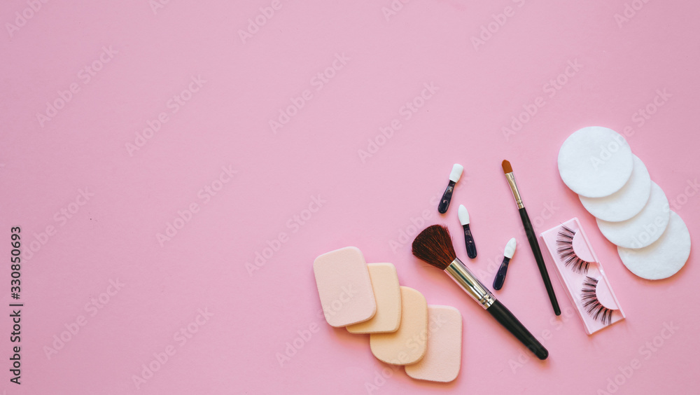 Professional makeup tools. Makeup tools brushes, eyelashes, nail polish, creme ,cotton pads, perfume