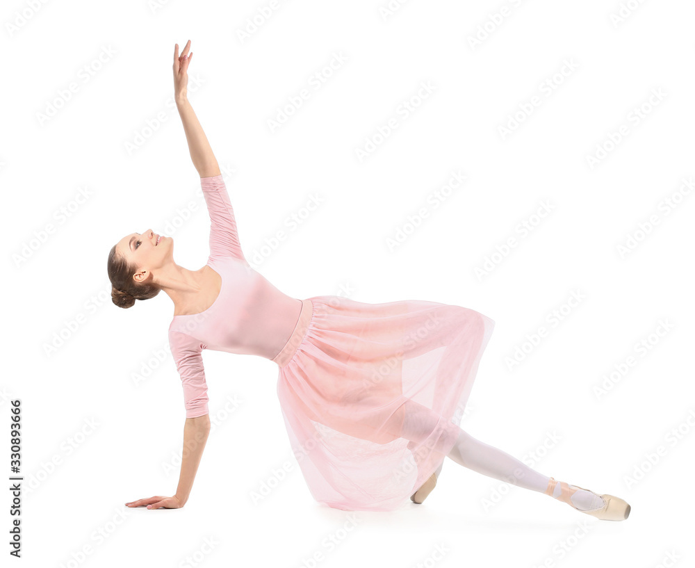 Beautiful young ballerina on white background