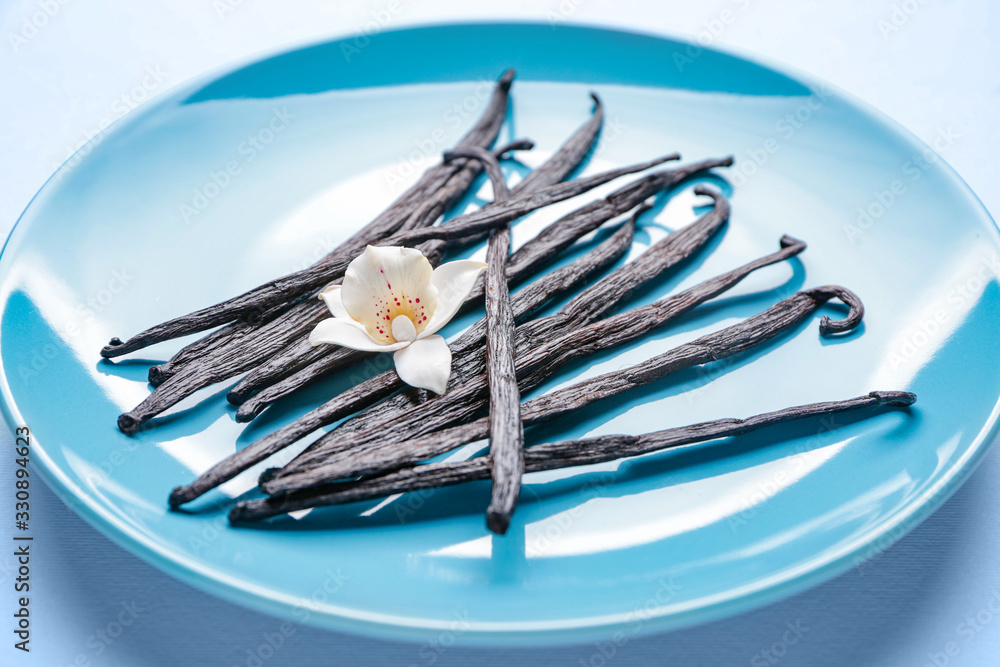 Plate with aromatic vanilla sticks on color background