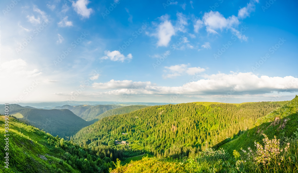 夏日日出时的青山全景