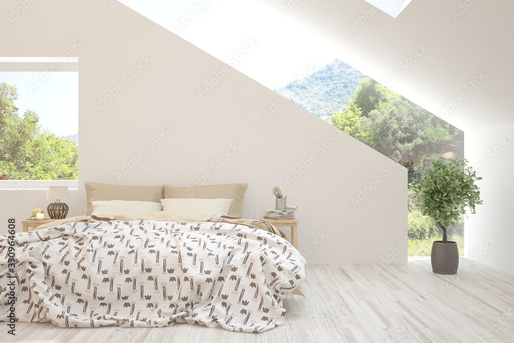 Stylish bedroom in white color with summer landscape in window. Scandinavian interior design. 3D ill