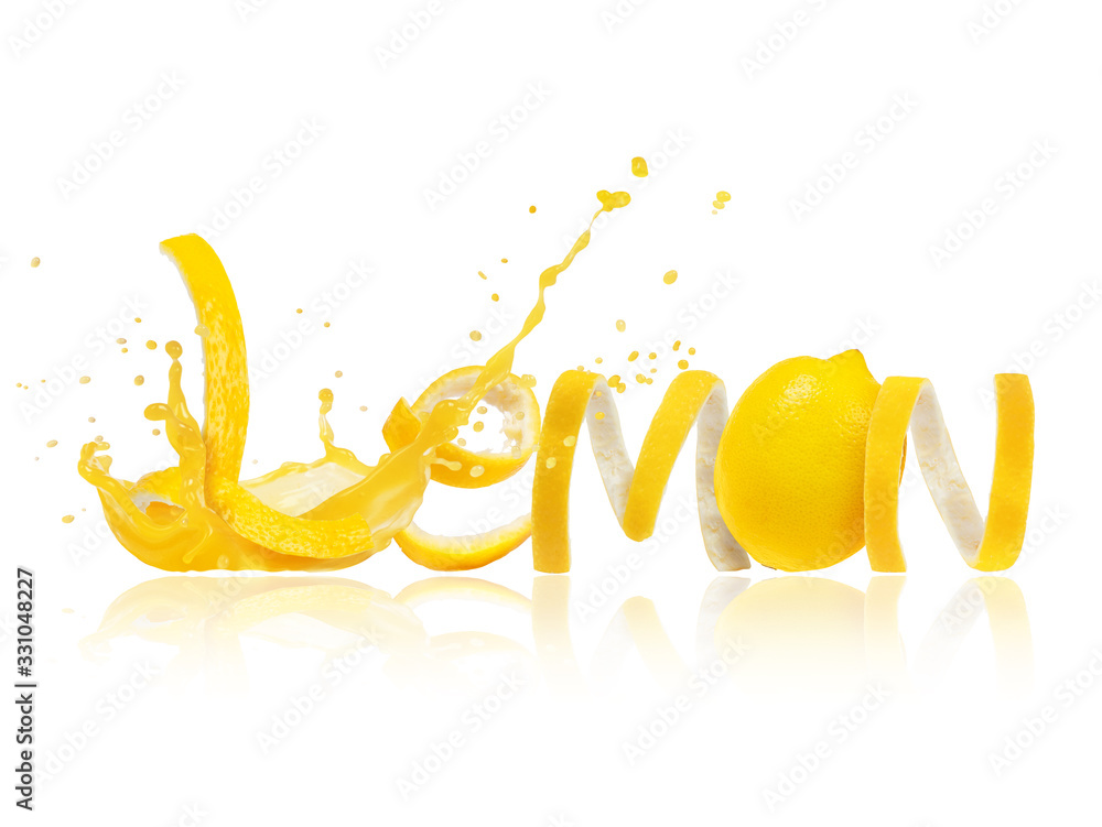 The word lemon is made of peel with juice splashes, isolated on white background