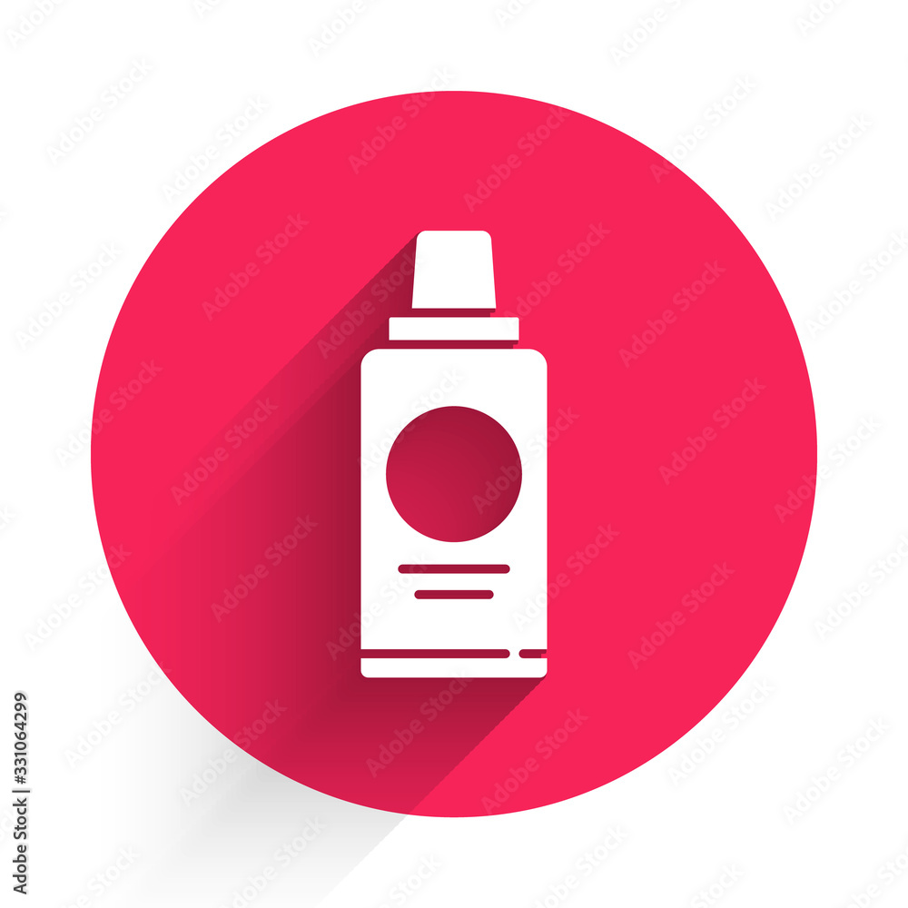 White Bottle of shampoo icon isolated with long shadow. Red circle button. Vector Illustration