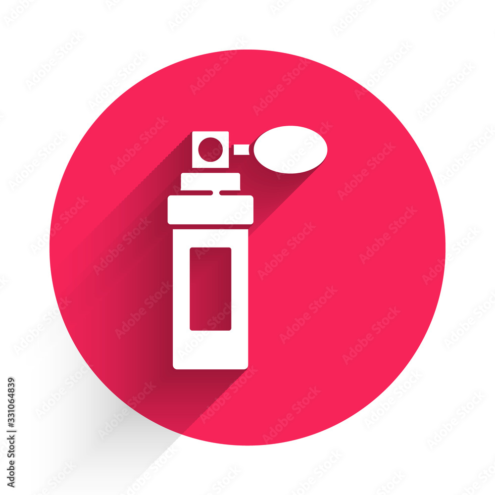 White Perfume icon isolated with long shadow. Red circle button. Vector Illustration