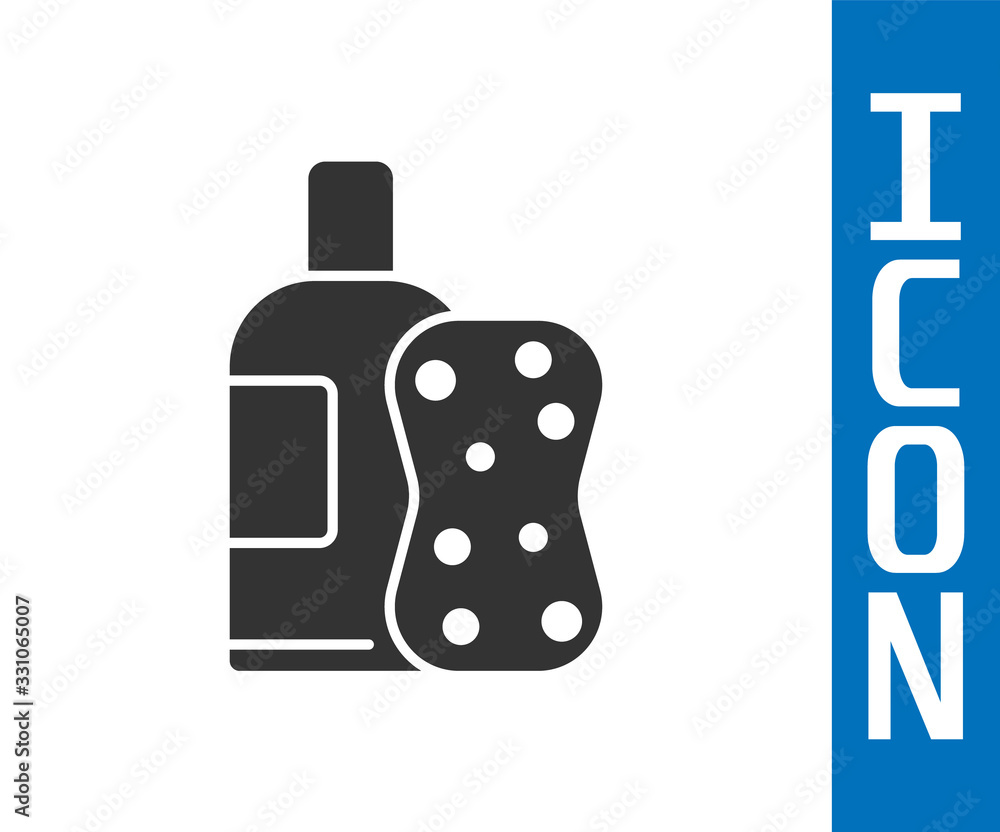 Grey Bottle of shampoo and sponge icon isolated on white background. Vector Illustration