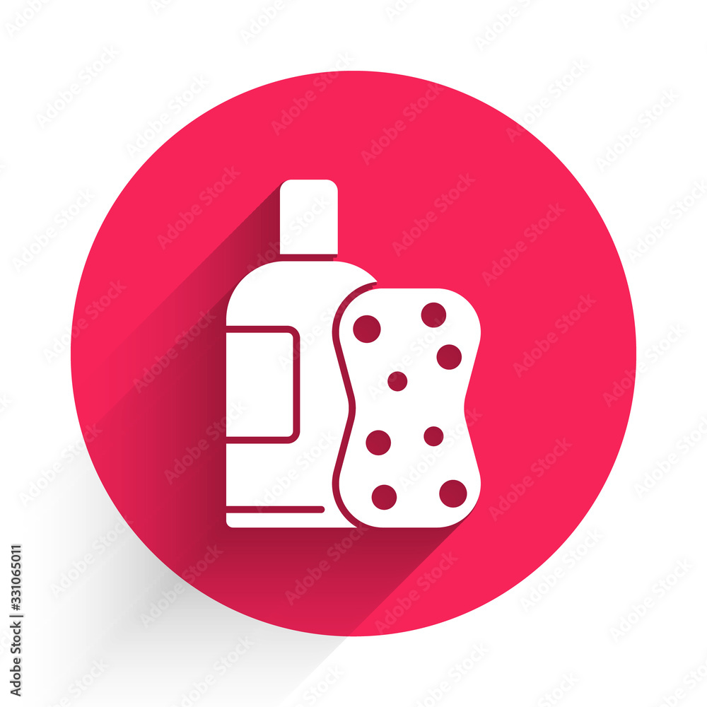 White Bottle of shampoo and sponge icon isolated with long shadow. Red circle button. Vector Illustr