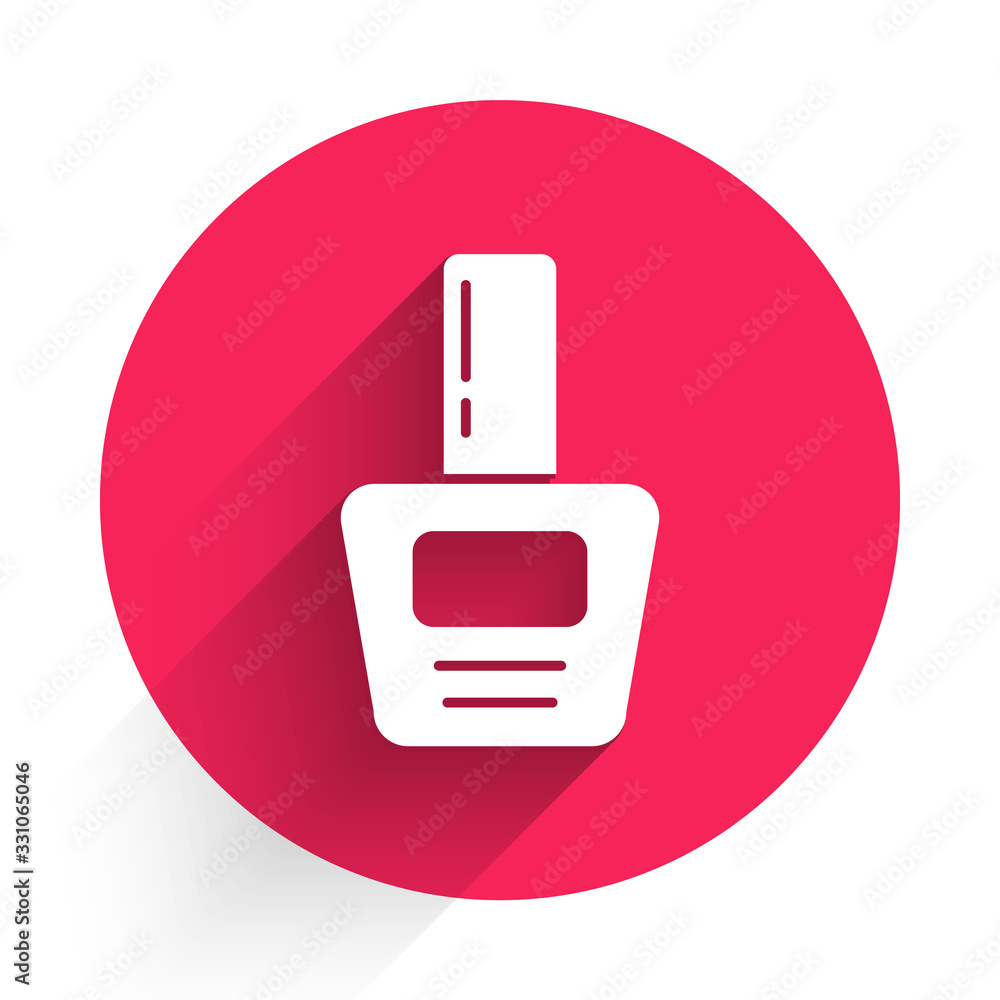 White Nail polish bottle icon isolated with long shadow. Red circle button. Vector Illustration