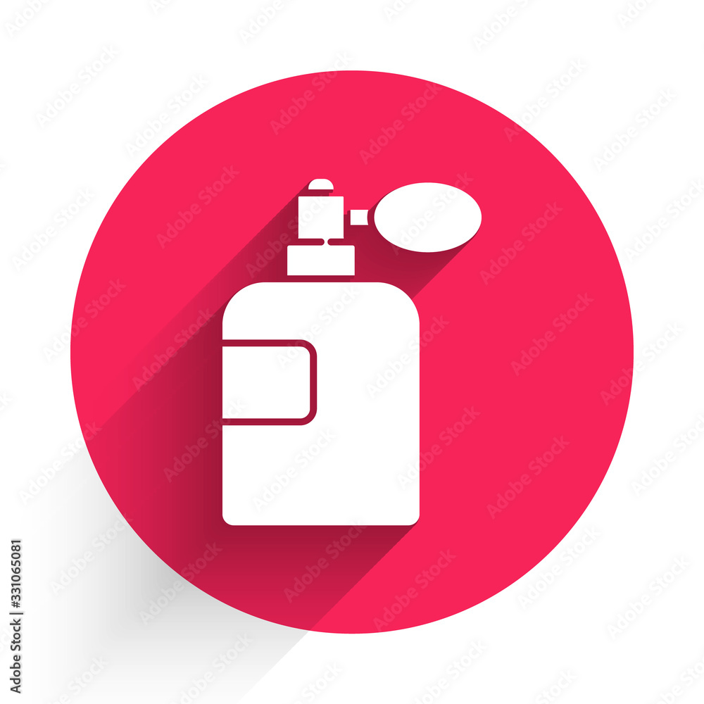 White Perfume icon isolated with long shadow. Red circle button. Vector Illustration