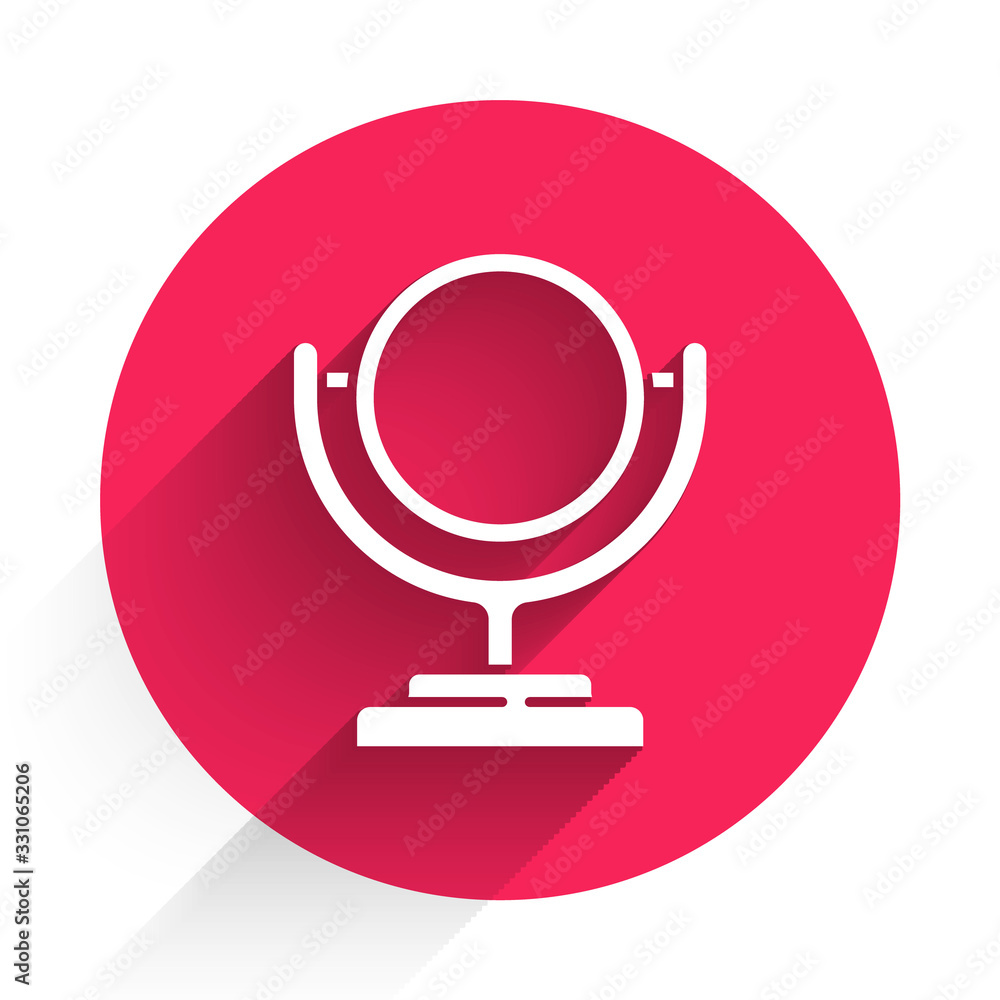 White Round makeup mirror icon isolated with long shadow. Red circle button. Vector Illustration