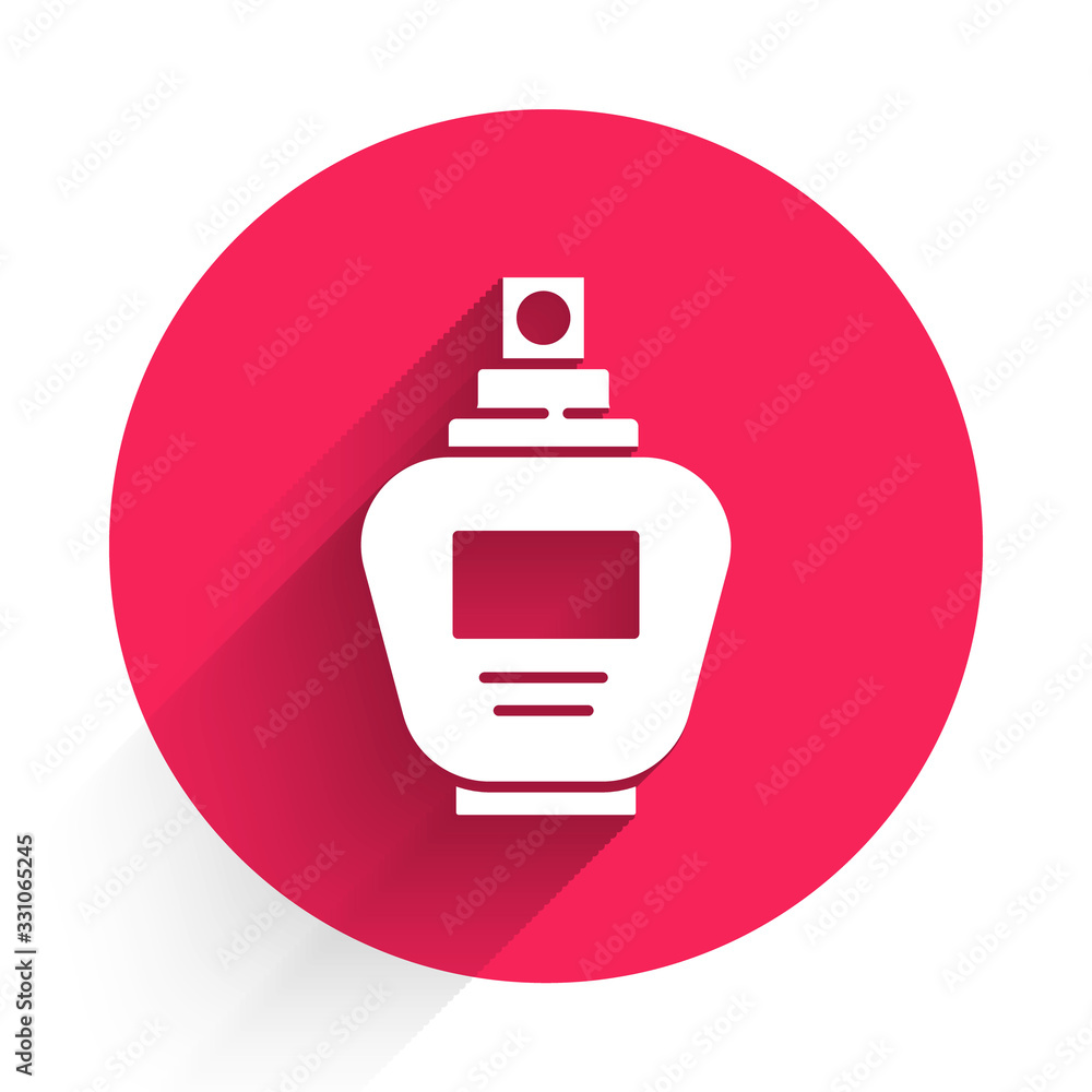 White Perfume icon isolated with long shadow. Red circle button. Vector Illustration