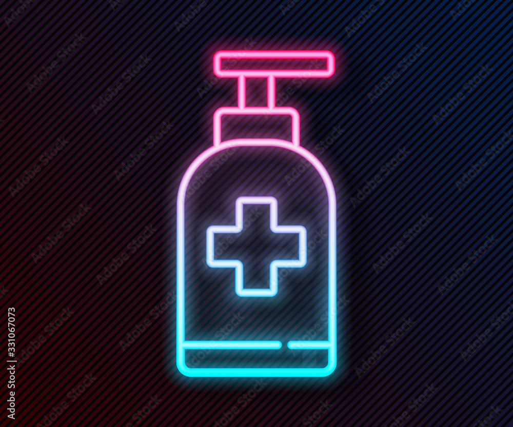 Glowing neon line Bottle of liquid antibacterial soap with dispenser icon isolated on black backgrou