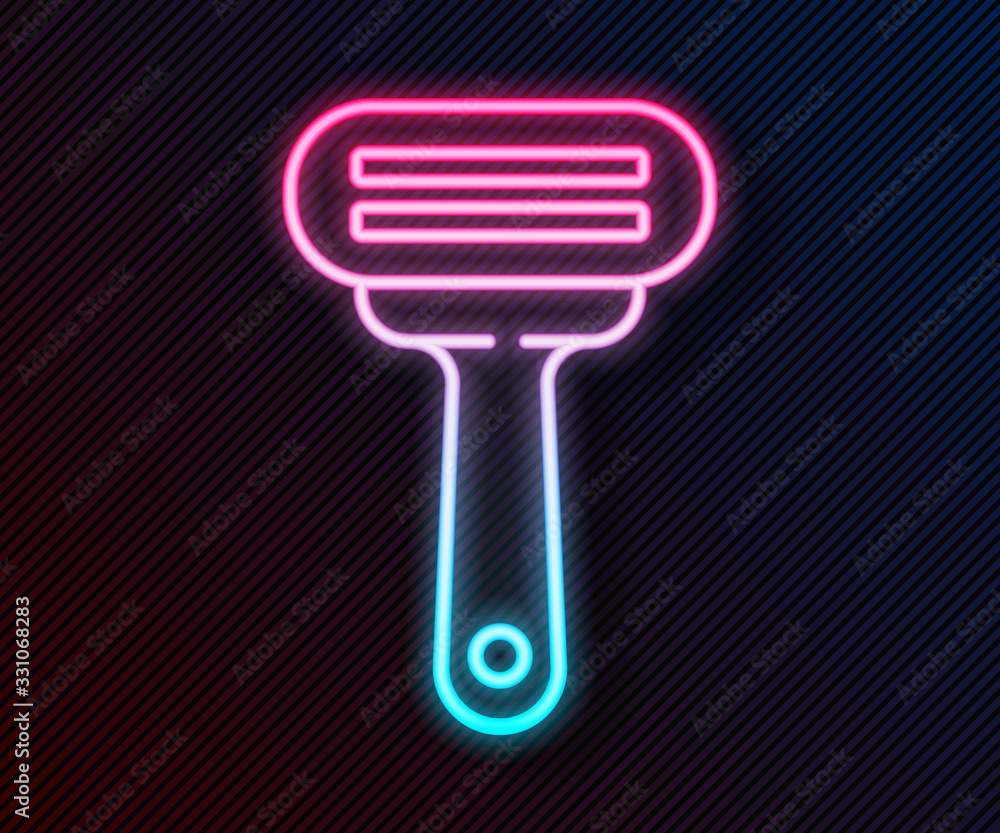 Glowing neon line Shaving razor icon isolated on black background. Vector Illustration