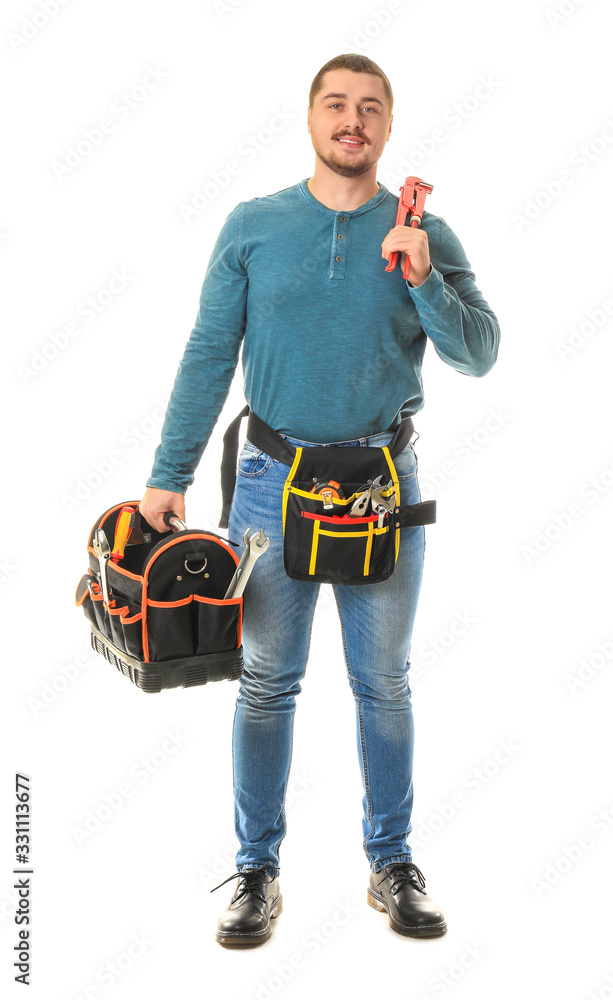 Handsome plumber on white background