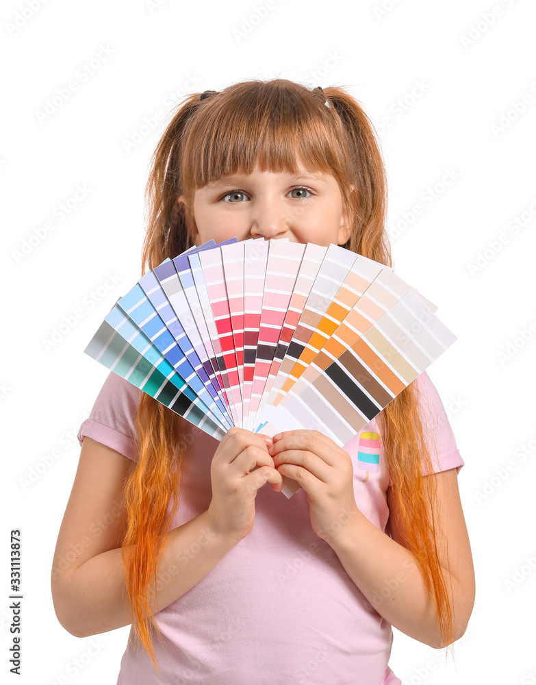 Little girl with color palettes on white background