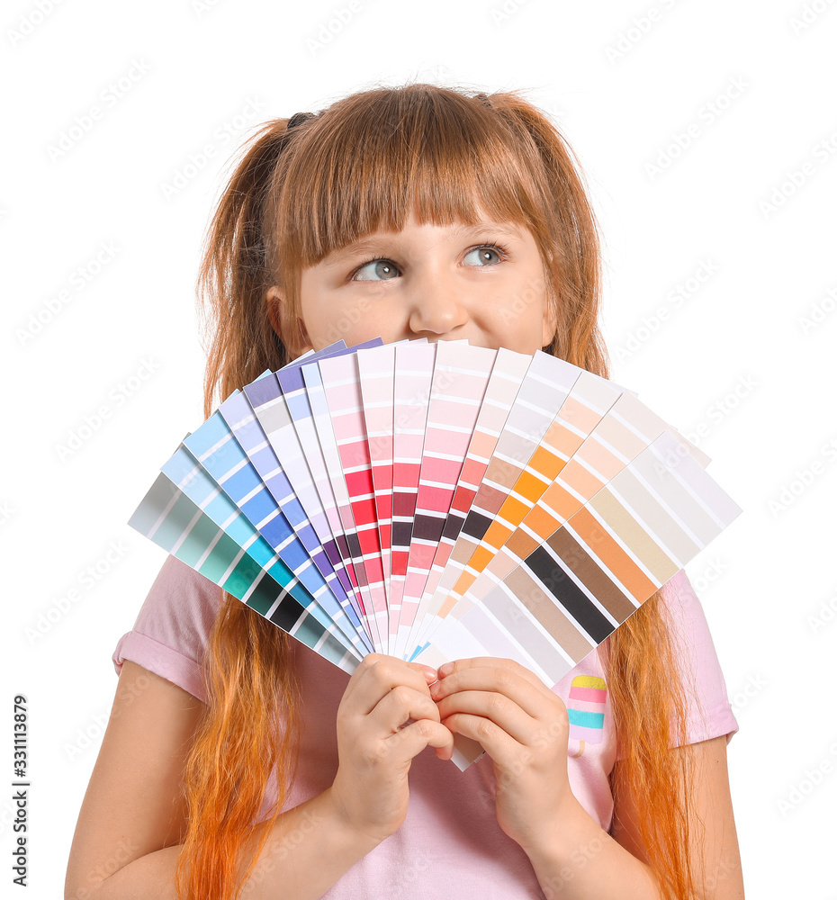 Little girl with color palettes on white background