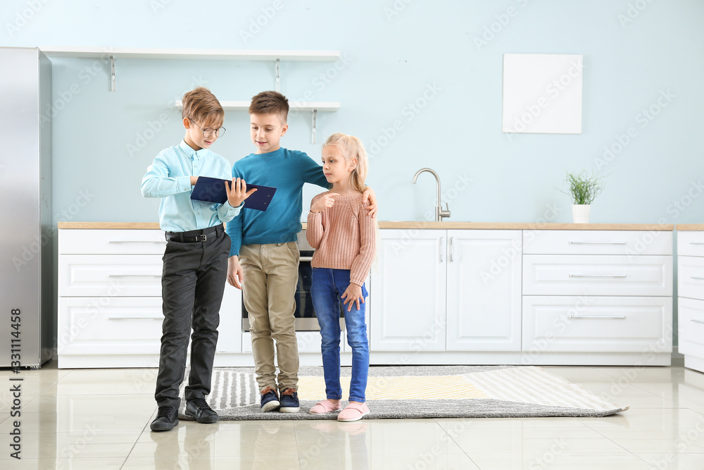 Little real estate agent working with clients indoors