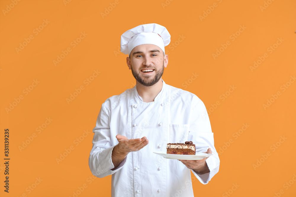 Handsome male chef with tasty dessert on color background