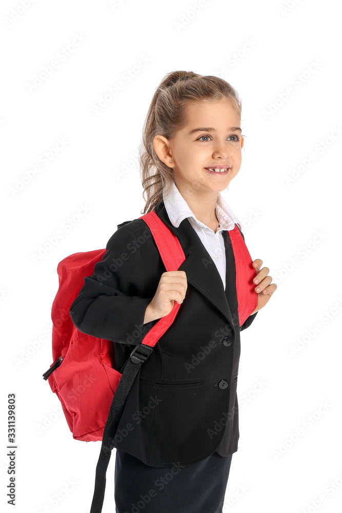 Cute little schoolgirl on white background