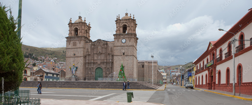 Puno Peru. Church at Plaza Major.