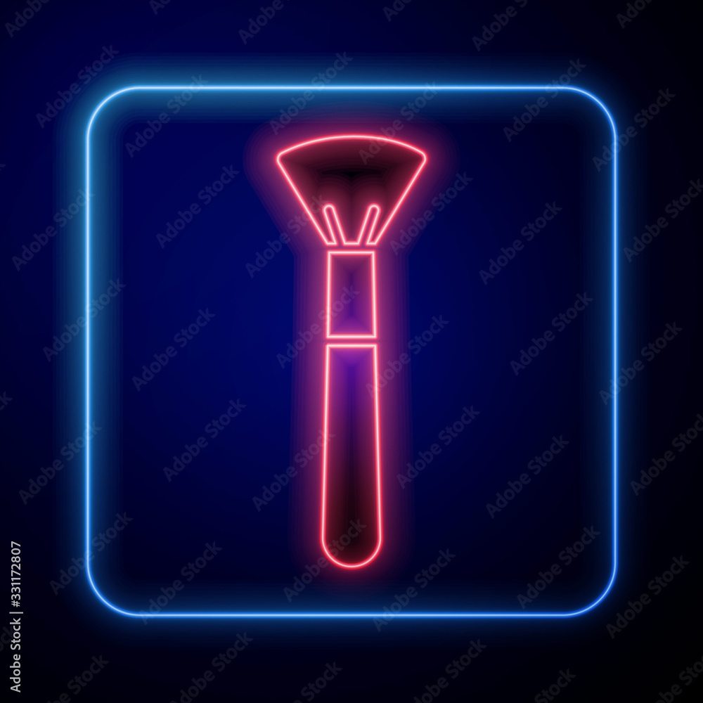 Glowing neon Makeup brush icon isolated on blue background. Vector Illustration