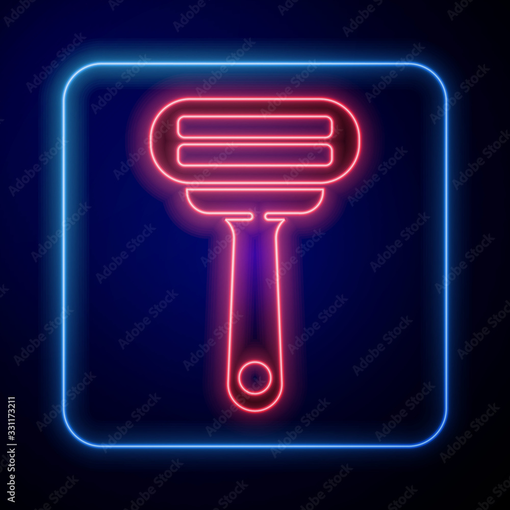 Glowing neon Shaving razor icon isolated on blue background. Vector Illustration