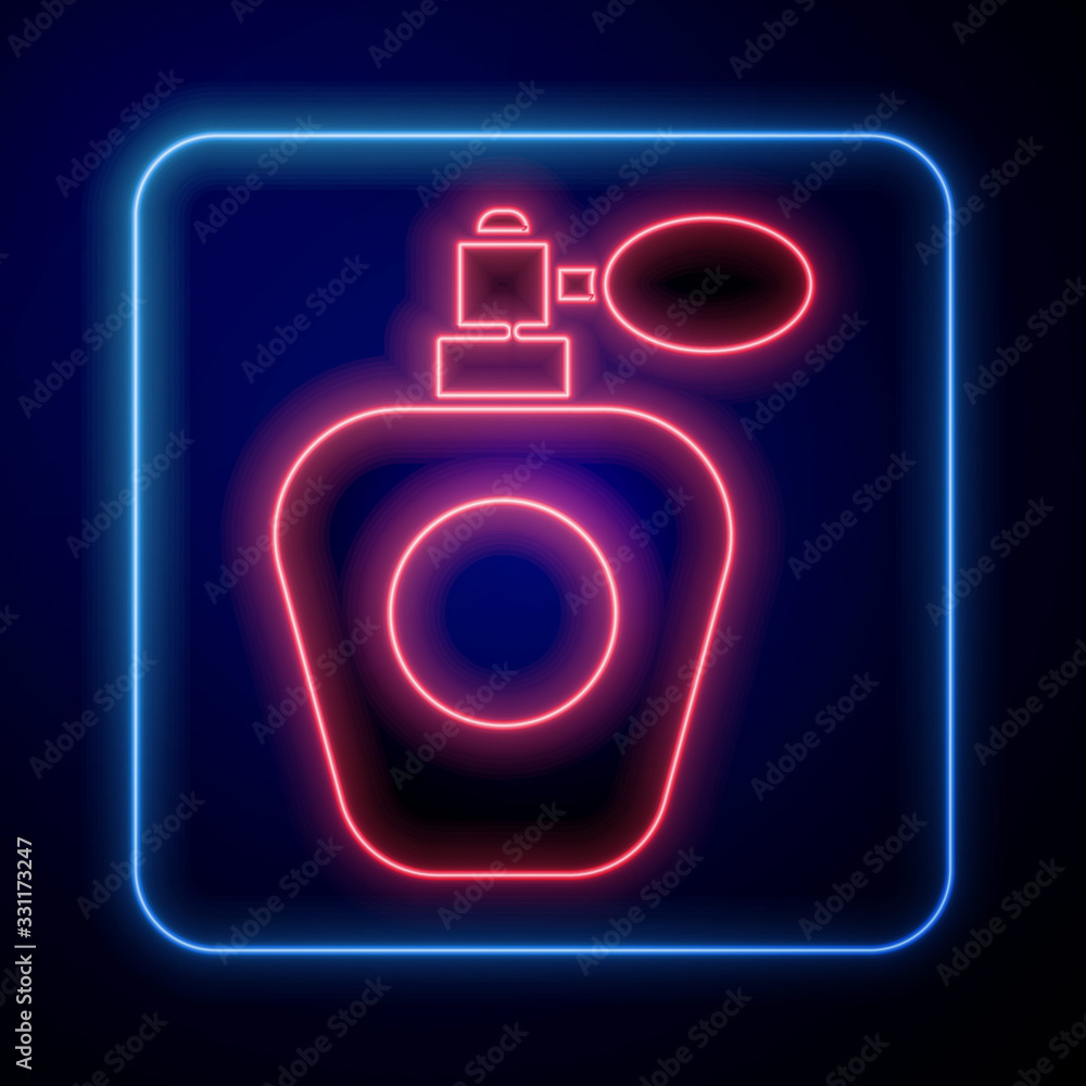 Glowing neon Perfume icon isolated on blue background. Vector Illustration