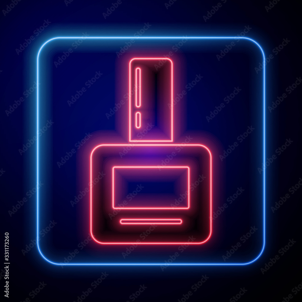 Glowing neon Nail polish bottle icon isolated on blue background. Vector Illustration