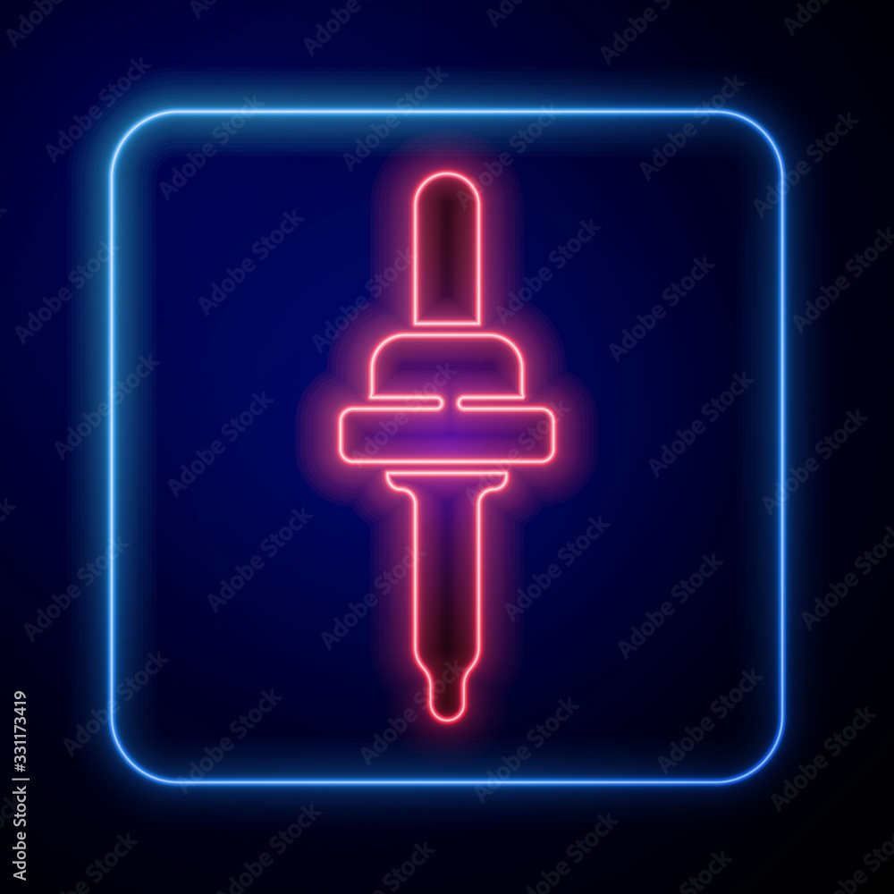 Glowing neon Pipette icon isolated on blue background. Element of medical, cosmetic, chemistry lab e