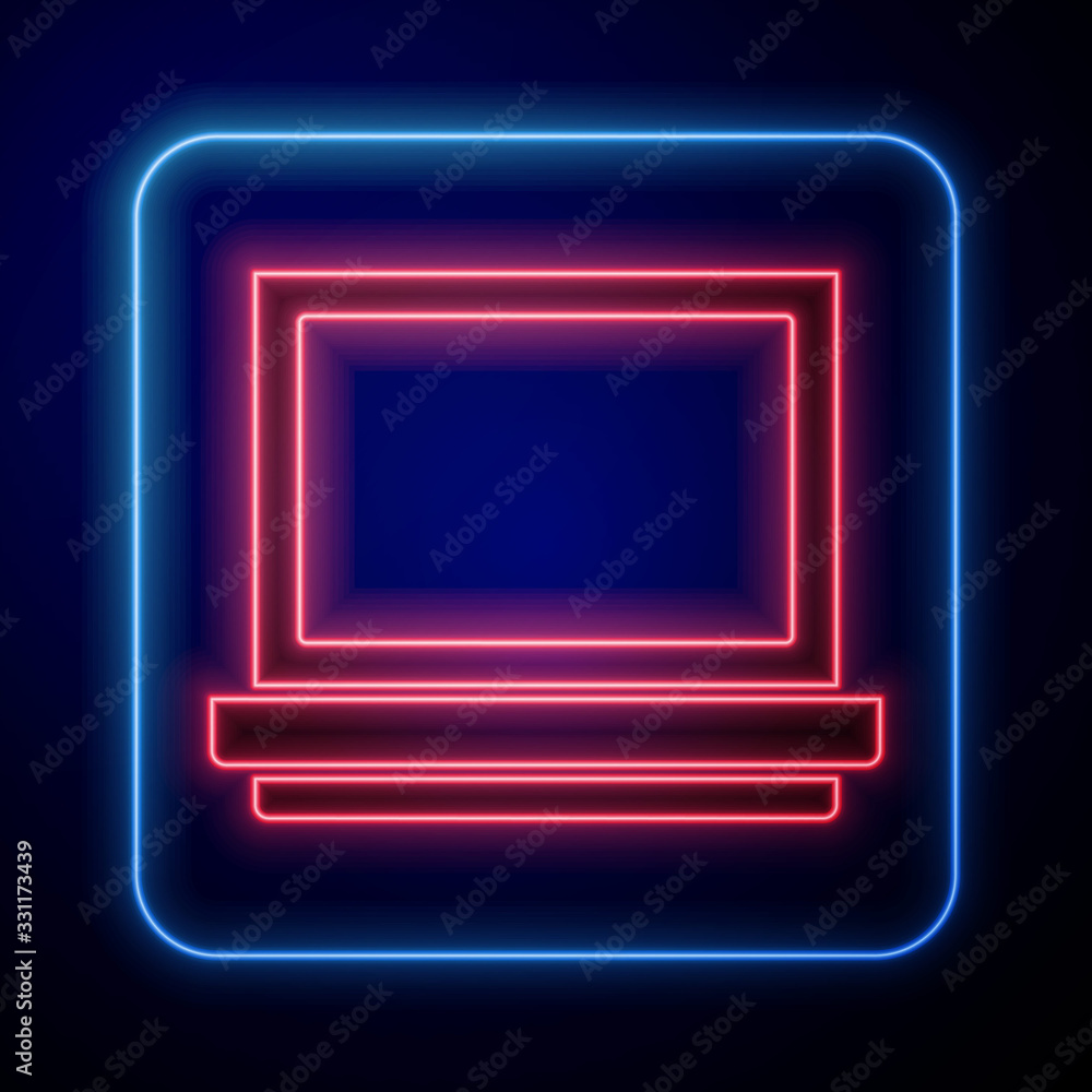 Glowing neon Makeup powder with mirror icon isolated on blue background. Vector Illustration