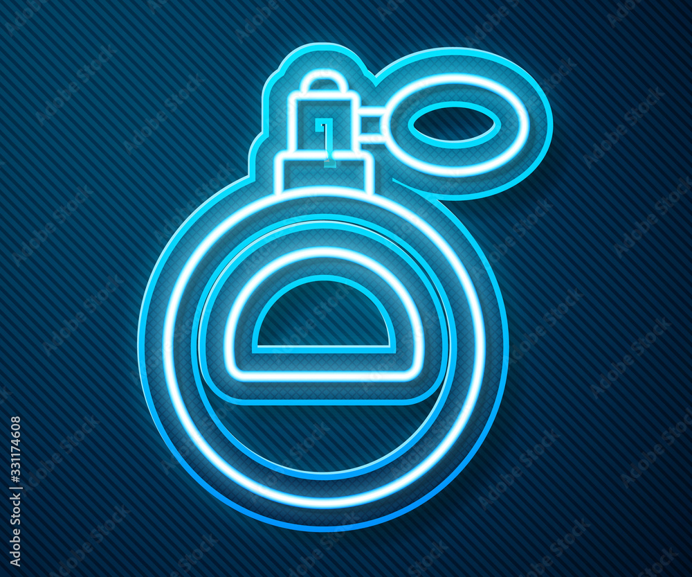 Glowing neon line Perfume icon isolated on blue background. Vector Illustration