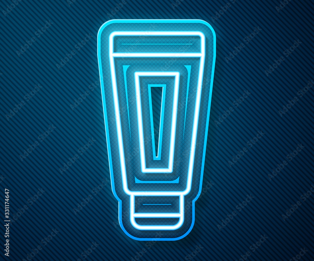 Glowing neon line Cream or lotion cosmetic tube icon isolated on blue background. Body care products