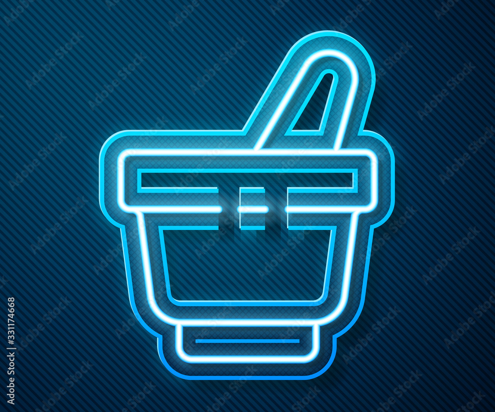 Glowing neon line Mortar and pestle icon isolated on blue background. Vector Illustration