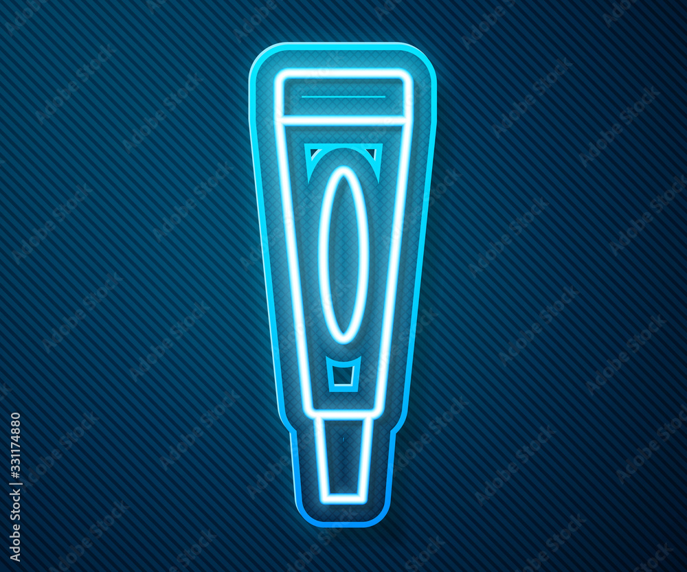 Glowing neon line Cream or lotion cosmetic tube icon isolated on blue background. Body care products