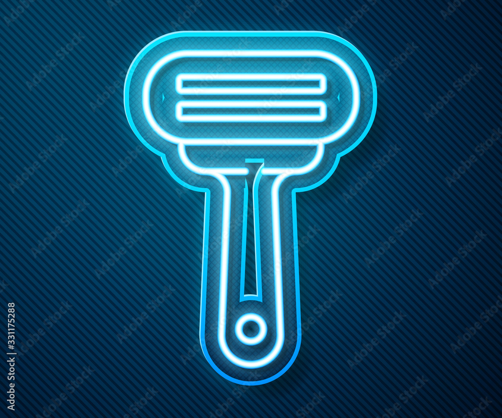 Glowing neon line Shaving razor icon isolated on blue background. Vector Illustration