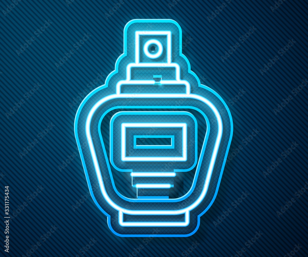 Glowing neon line Perfume icon isolated on blue background. Vector Illustration