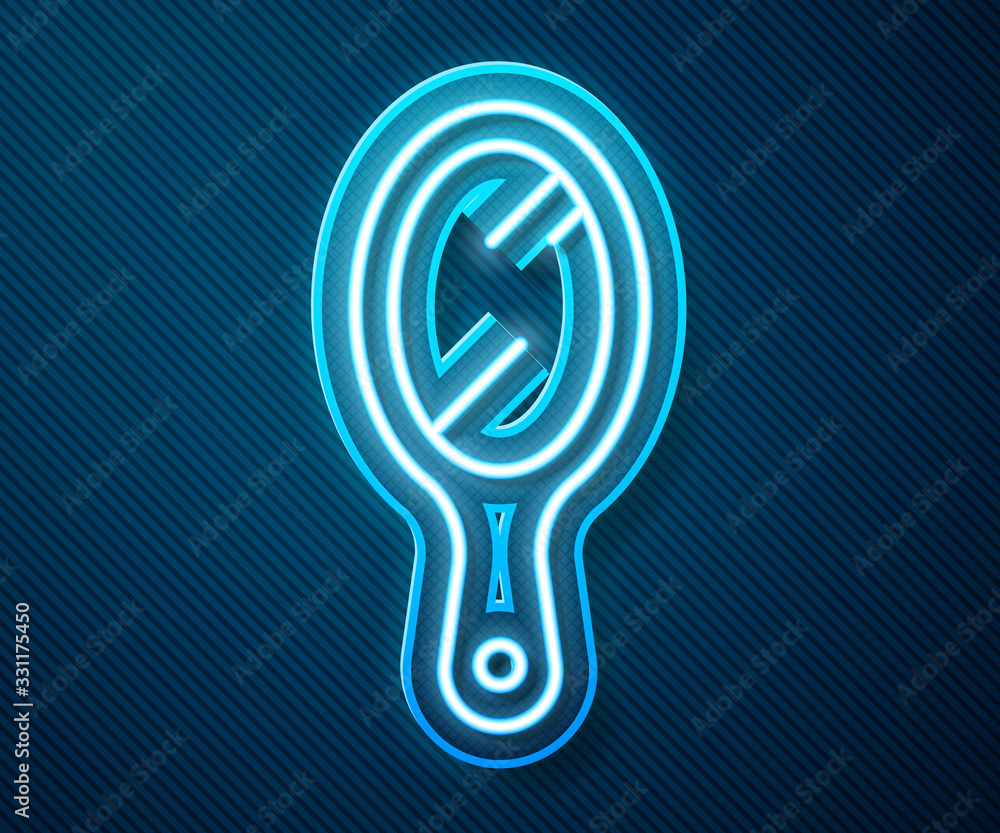 Glowing neon line Hand mirror icon isolated on blue background. Vector Illustration