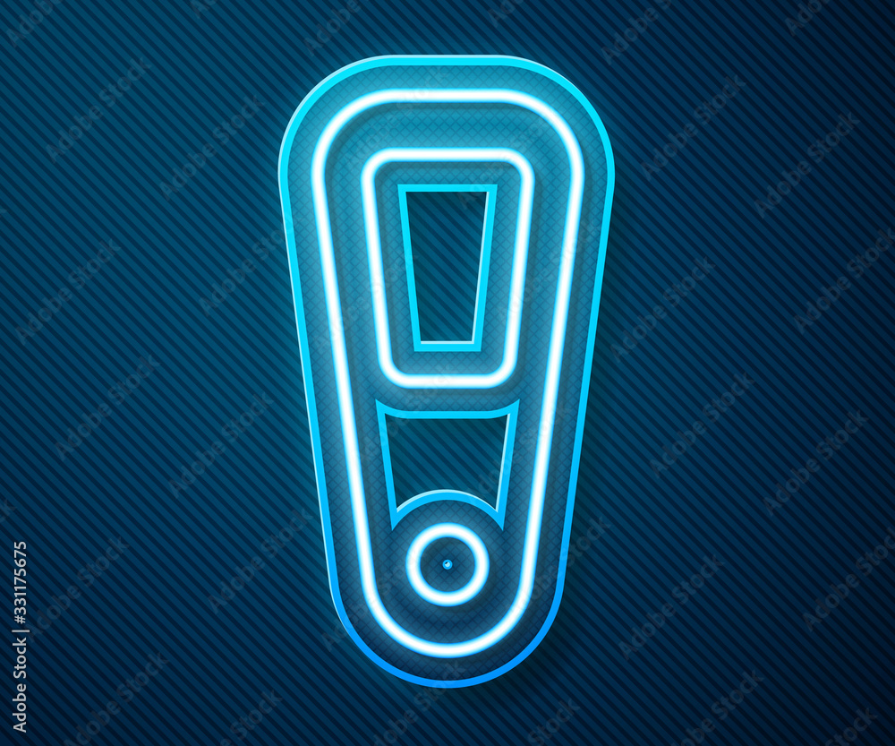 Glowing neon line Hand mirror icon isolated on blue background. Vector Illustration