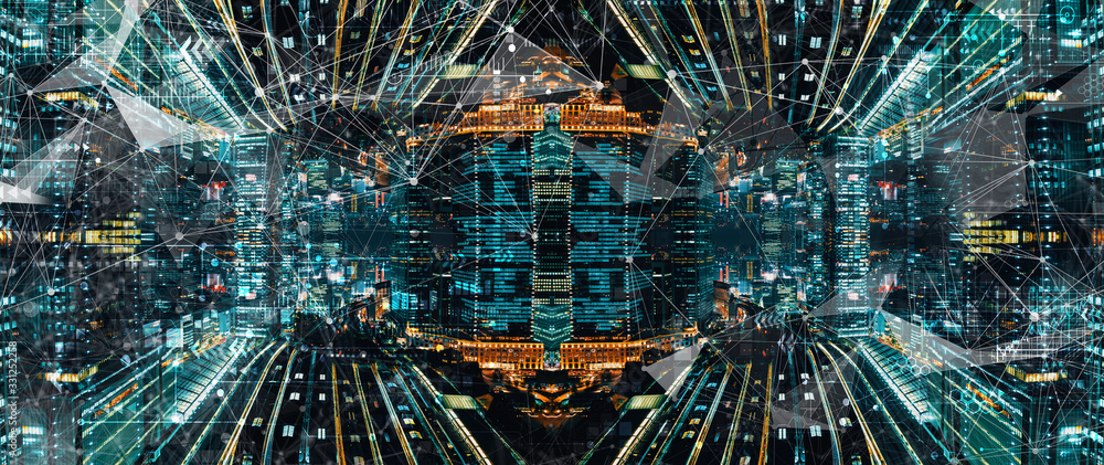 Technology screen with abstract Tokyo night cityscape