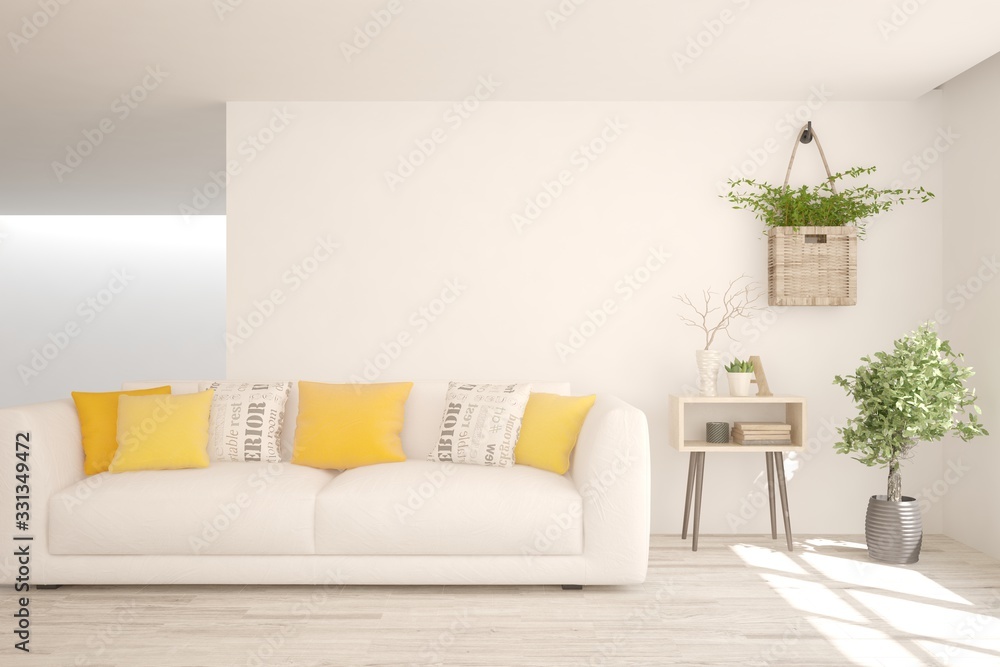 Modern living room in white color with sofa. Scandinavian interior design. 3D illustration